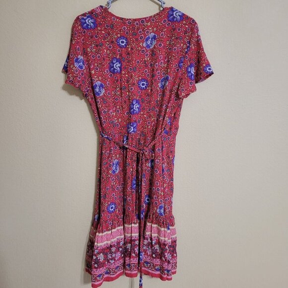 Zesica Womens Floral Midi Boho Wrap Short Sleeve Dress Gypsy Hippie Peasant M - Picture 7 of 7